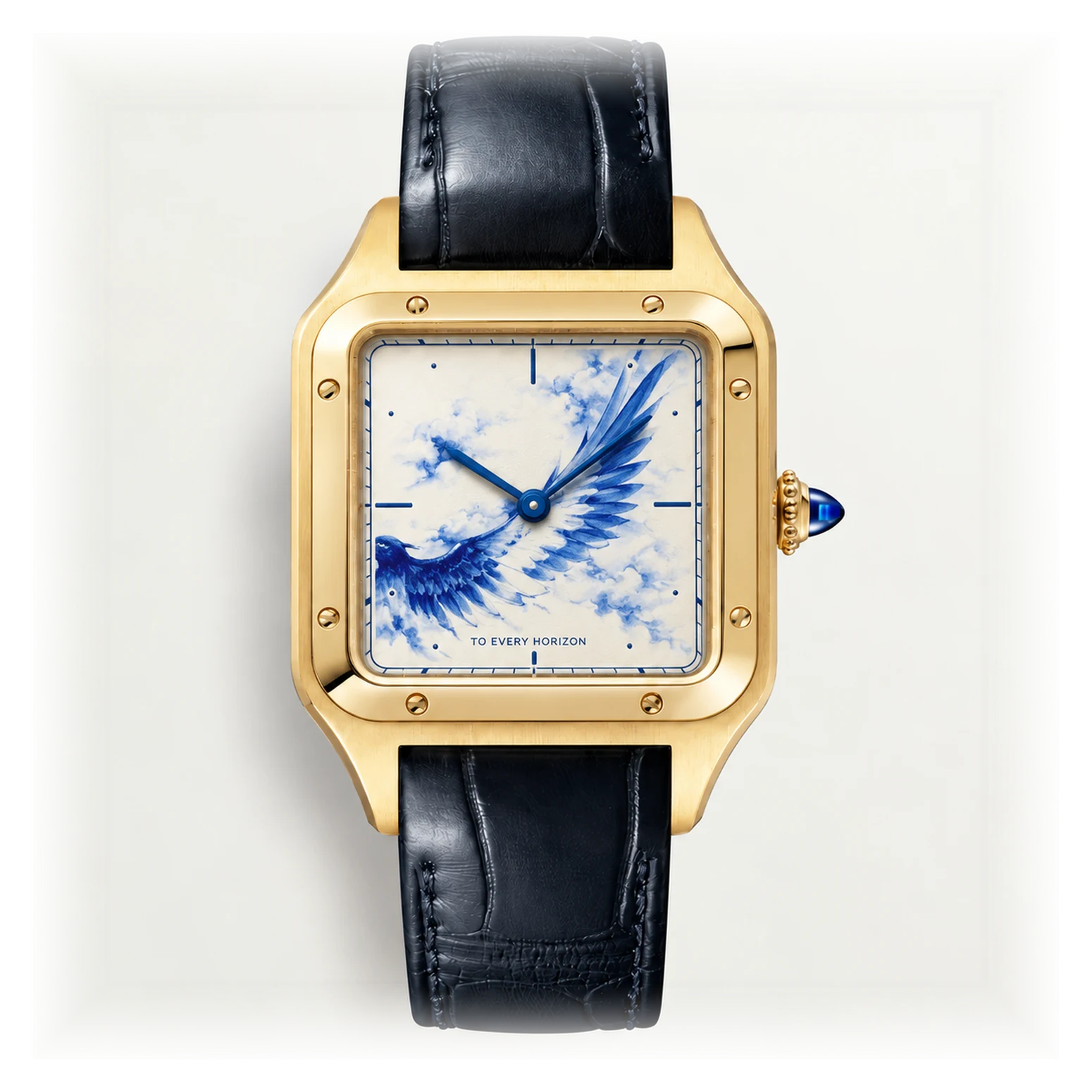 Same gold case and black strap with cobalt bird illustration dial